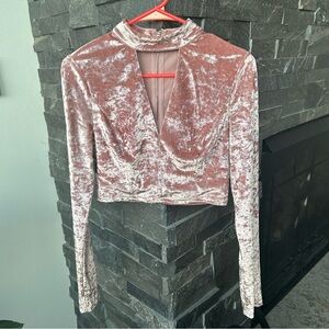 Essue Crushed Velvet L/S Crop Top - Blush Pink